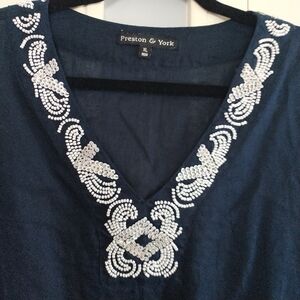 Preston & York Dark Navy V Neck w Beads & Sequins Tunic Top XL